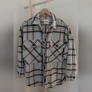 ZARA Oversized Gray Plaid Flannel Button-Up Shacket, Sz S